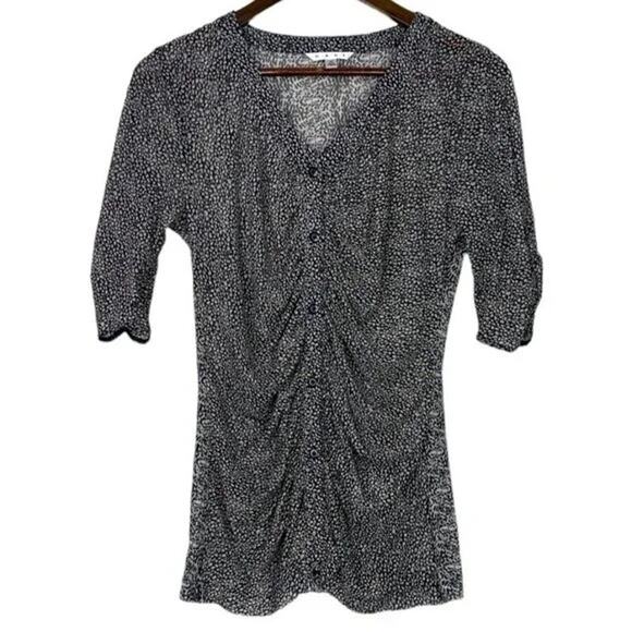 CAbi Leopard Sheer Gathered Placket Ruched Blouse Half Sleeve M Black White - Picture 13 of 15